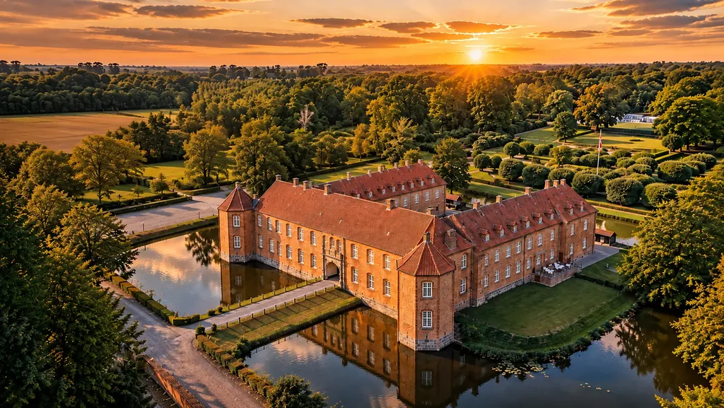 Visborggaard Slot omgivet af voldgrav og park ved solnedgang