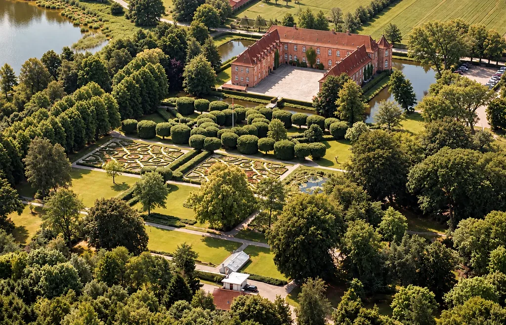 Luftfoto af Visborggaard Slot med slotsparken og haverne
